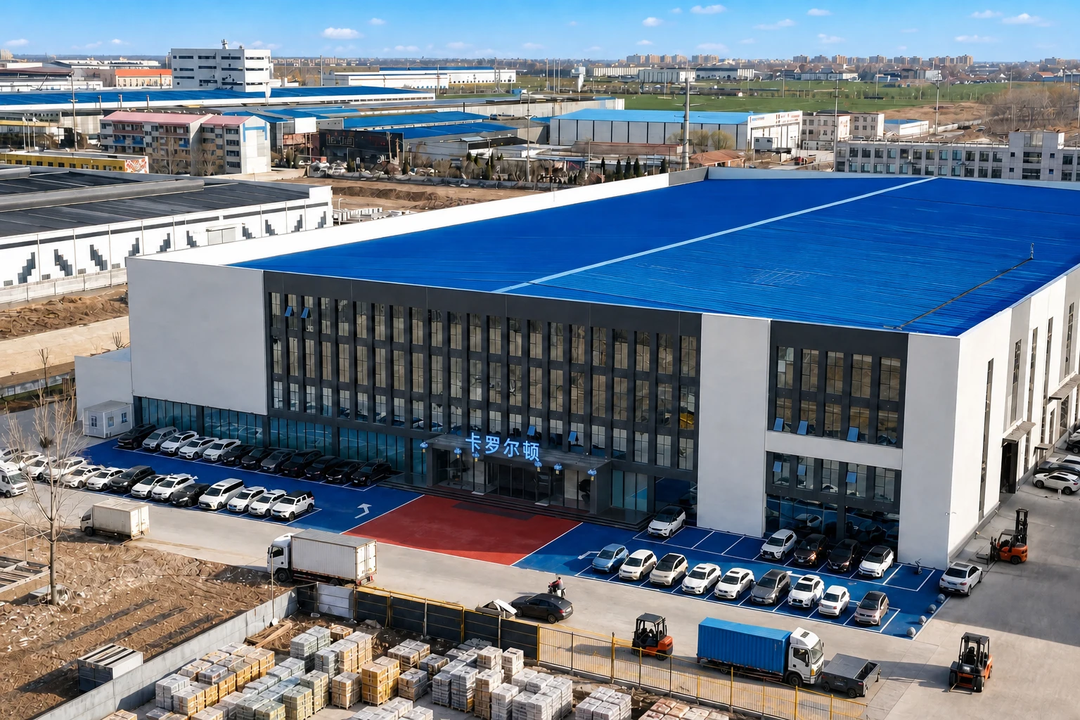 用户指定的好雪尔工厂外观图:蓝色屋顶、建筑立面与卡罗尔顿入口