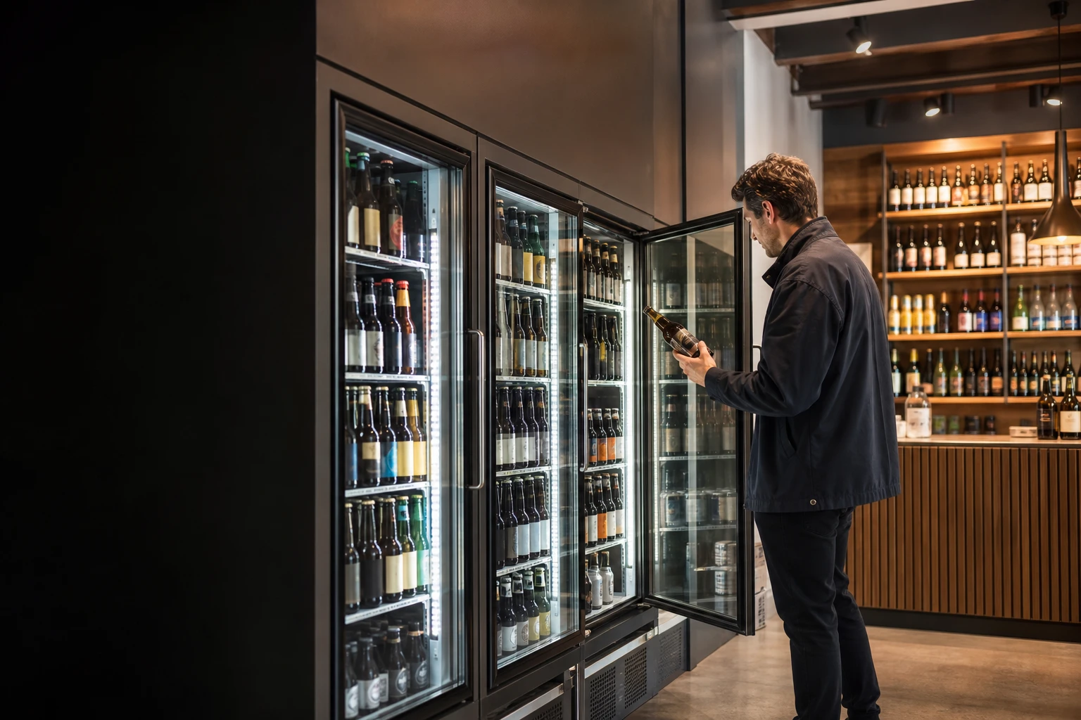 用户提供的酒类门店图:顾客打开玻璃门冷柜查看瓶装酒饮